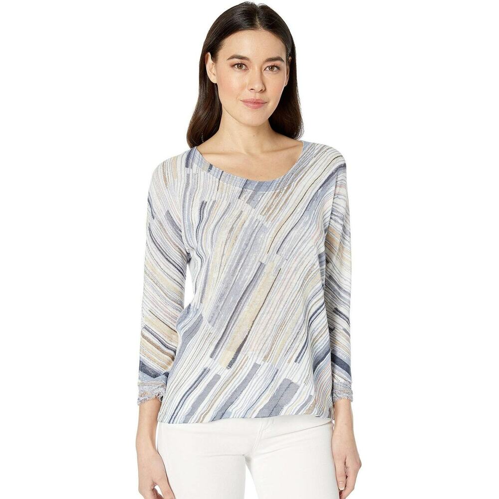 Nic + Zoe Water Stroke Linen Blend Open Weave Top Large Coastal Abstract Artsy